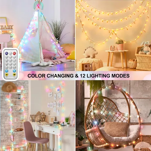 Miniatura 2 de OMIKA Cadena de luces de 100 LED de 33 pies, cambio de color, alimentadas por batería, impermeables, luces de hadas blancas cálidas y multicolor