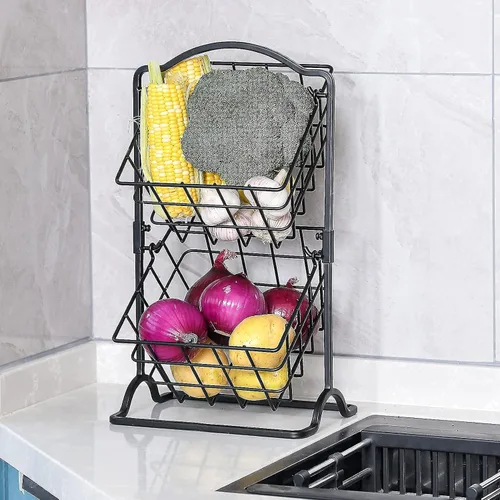 Miniatura 7 de Cesta de frutas de hierro de 2 niveles para encimera de cocina, pan, frutas y verduras, cesta de almacenamiento de alambre colgante para organizador