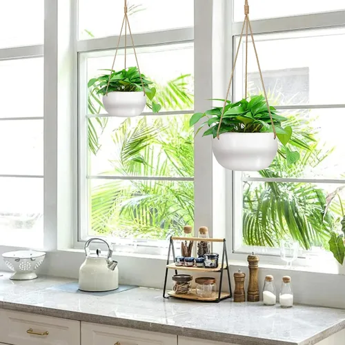 Miniatura 2 de Macetas colgantes de cerámica para plantas de interior y exterior, maceta moderna de 8 pulgadas, cesta redonda de porcelana con soporte para plantas