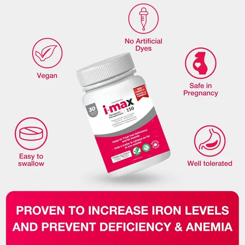 Miniatura 6 de Pharmaris i-max Suplemento de hierro de 150 mg, vitamina C 250 mg y B12 1000 mcg, suplemento de hierro para mujeres y hombres, sin tintes