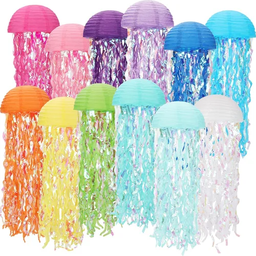 Miniatura 10 de Baquler Juego de 12 linternas de papel de medusas de 10 pulgadas, linternas semicírculas de sirena, decoración colgante para aula, baby shower, bajo