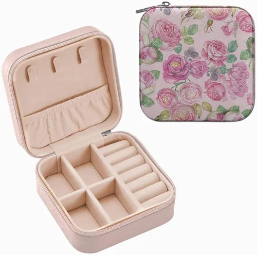 WIRESTER Joyero de viaje de cuero a la moda, pequeño organizador de joyas portátil para anillos, aretes, collares, mujeres y niñas, rosas vintage