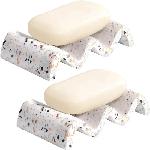 Miniatura 9 de Luxspire Jabonera, Jabonera de Mármol, Bandeja Autodrenante, Soporte de Jabón para Ducha, Baño, Fregadero, Cocina y Encimera, Blanco Grava