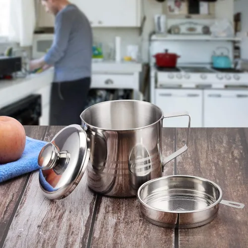 Miniatura 5 de Contenedor de grasa de tocino de acero inoxidable con pantalla de filtro de malla, 1.2L/5 tazas de aceite de cocina para cocina