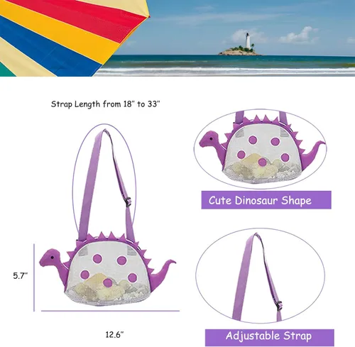 Miniatura 2 de Auon Bolsa de playa de malla para juguete de playa, bolsa de conchas para niños, bolsa de juguete de arena de dinosaurio para sostener conchas