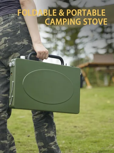 Miniatura 7 de Estufa de gas portátil para campamento de 2 quemadores, estufa de propano con patas plegables, pestillo y asa de alta resistencia para patio, Verde
