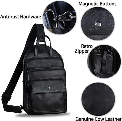 Miniatura 6 de Bolso bandolera de cuero genuino para hombres y mujeres, estilo vintage, de cuero real, a la moda, mochila bandolera para el hombro, bolso cruzado