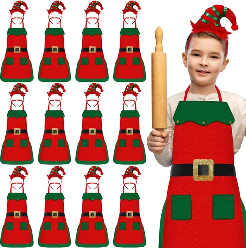 Miniatura 7 de Toulite Juego de 24 piezas de delantal de elfo de Navidad y diadema para niños, delantales de elfo con gorro para niños, suministros de cosplay