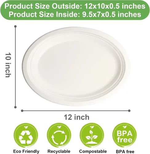 Miniatura 3 de Platos desechables ovalados ecológicos – Platos de papel grandes y resistentes de 12 pulgadas, paquete a granel para barbacoa, fiesta, picnic