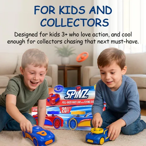 Miniatura 6 de Spinz Coche de carreras con lanzador de discos voladores, juguete de corredor de parachoques trasero, regalo para niños, niñas, naranja y azul, a