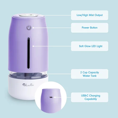 Miniatura 2 de LivePure Humidificadores de niebla fría para dormitorio. Humidificador pequeño para bebés, guardería, plantas, oficina. Humidificador ultrasónico