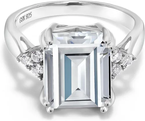 Miniatura 15 de Gem Stone King Anillo de compromiso con piedra natal de 5-10 quilates para mujer, plata de ley 925, corte esmeralda de 0.47 x 0.394 pulgadas, anillo