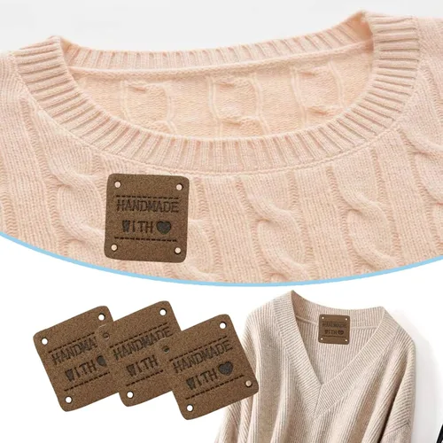 Miniatura 3 de 40 piezas de etiqueta de cuero PU de piel sintética hecha a mano con costura, etiqueta de piel sintética hecha a mano con relieve, adorno de crochet