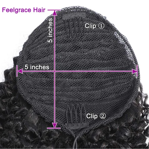 Miniatura 4 de Cola de caballo de cabello humano rizado con cordón brasileño Remy Extensin 3C Kinky Curly Hair Clip en pieza de pelo color natural sedoso suave 10