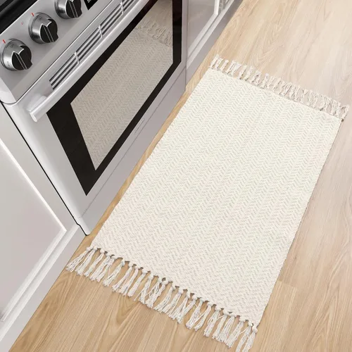 Miniatura 2 de Lahome Tapete bohemio para baño, tapete pequeño de 2 x 3 pies, tapete ligero para interiores, alfombra de algodón lavable con borlas, alfombra