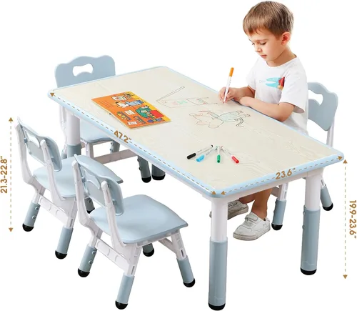 Miniatura 7 de Juego de mesa y sillas para niños, escritorio ajustable en altura con 6 asientos para edades de 3 a 12 años, mesa de arte y manualidades, escritorio