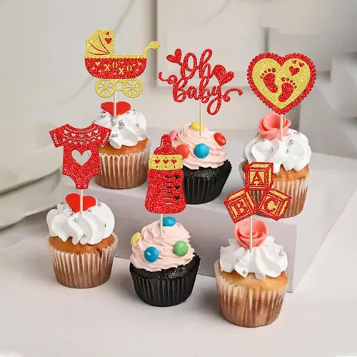 Miniatura 5 de 24 piezas de decoración para cupcakes para el día de San Valentín con purpurina roja para pies de bebé, carruaje de amor, corazón, día de San