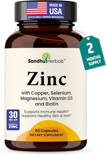 Zinc 30mg con cobre, selenio y vitamina D3 | 60 cápsulas | Magnesio, vitamina B6, complejo de biotina | Suplementos de zinc quelado absorbible para
