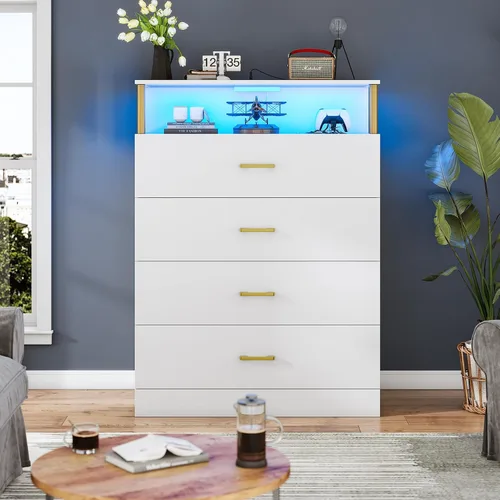 Miniatura 6 de AOGLLATI Cómoda blanca para dormitorio con diseño de columna, cómoda de 4 cajones con estación de carga, cómoda moderna led alta para dormitorio