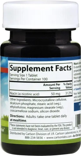 Miniatura 2 de Carlson - Niacina, 50 mg, apoya el metabolismo del colesterol, la producción de energía, la salud del corazón, la función nerviosa, 100 tabletas