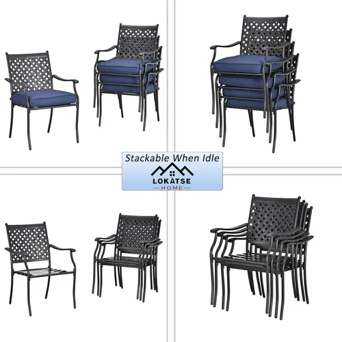 Miniatura 5 de LOKATSE HOME Juego de 4 sillas apilables para exteriores, sillas de comedor de hierro forjado con cojines y reposabrazos, juego de muebles de metal