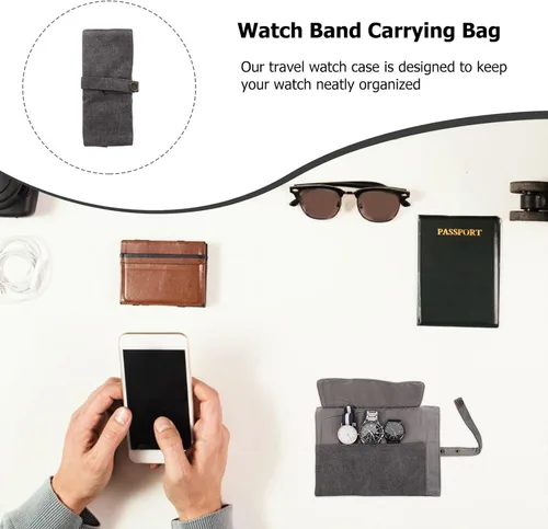 Miniatura 6 de Watch Band Storage Bag and Watch Organizer Pouch, Gray Nylon Portable Travel Case for Smartwatch Accessories, Space-saving Roll with Snap Closure