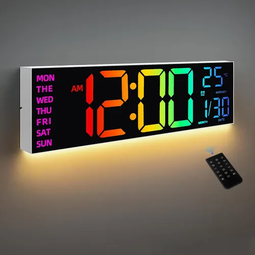 HAITANG Reloj de pared digital de 8 colores, reloj digital grande de 16.2 pulgadas con temperatura, fecha, DST automático, luz nocturna, atenuador
