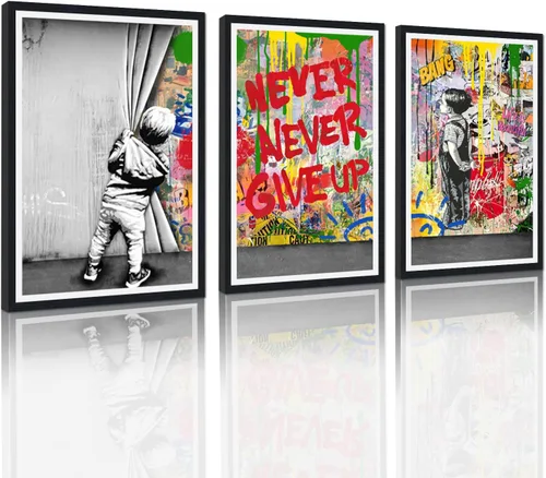 Miniatura 9 de 3 Piezas de Arte de Pared Banksy en Lienzo, Póster de Graffiti, Decoración de Pared con Citas Inspiradoras, Nunca Te Rindas, Obras de Arte para Sala