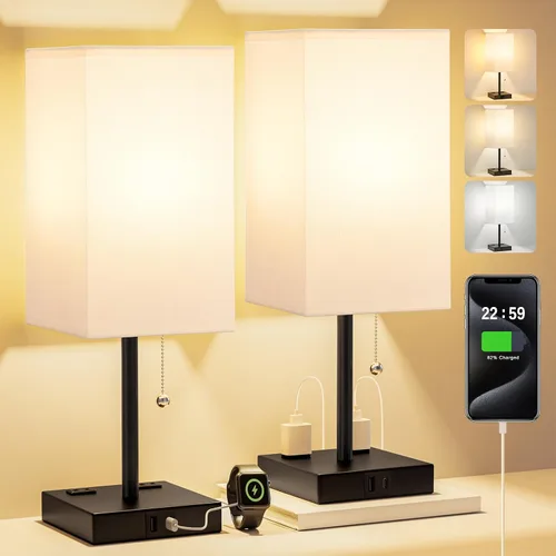Miniatura 18 de Fenmzee Juego de 2 lámparas de noche para dormitorio, pequeña lámpara rectangular para mesita de noche con puerto de carga USB A C, luz