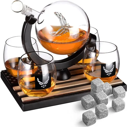 Airforce - Juego de decantador de whisky con 4 vasos de licor, juego de decantador de whisky y vidrio con base de madera y 9 piedras de whisky,