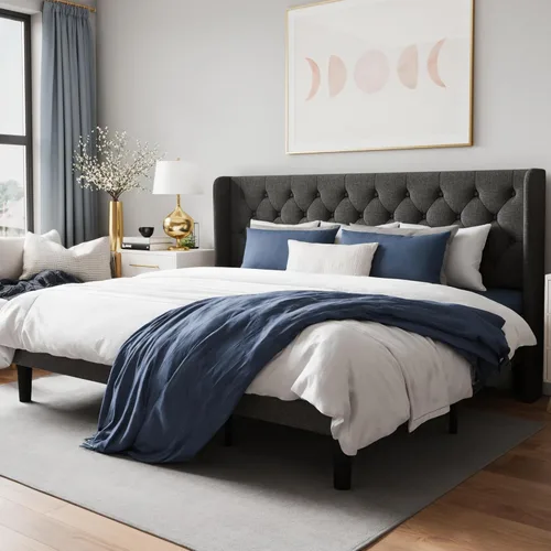 Miniatura 11 de WEEWAY Base de cama tapizada de tamaño matrimonial con cabecera copetuda con respaldo de alas, plataforma moderna con soporte de listones de madera