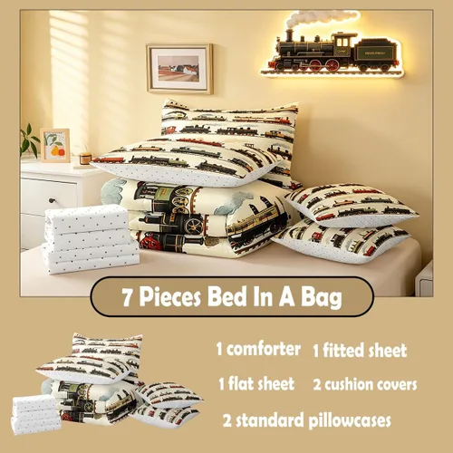 Miniatura 5 de Feelyou Juego de edredón de tren vintage de 7 piezas, diseño retro de motor de vapor para niños y niñas, juego de ropa de cama retro de tren