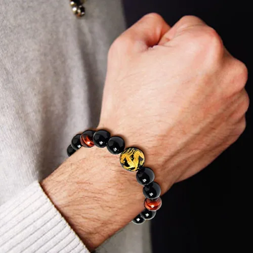 Miniatura 3 de Men's Tiger Eye Stone Elastic Bead Bracelet with Dragon Pattern Bead Dragon & Beaded Bracelet