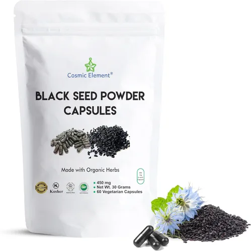 Cosmic Element Cápsulas de polvo de semillas negras 100% puras orgánicas, veganas Nigella Sativa 450 mg de semillas de comino negro por porción,
