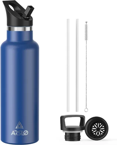 Miniatura 24 de Botellas de agua de doble pared de acero inoxidable, botella aislada al vacío con tapa con popote, botella de agua aislada mantiene el agua fría