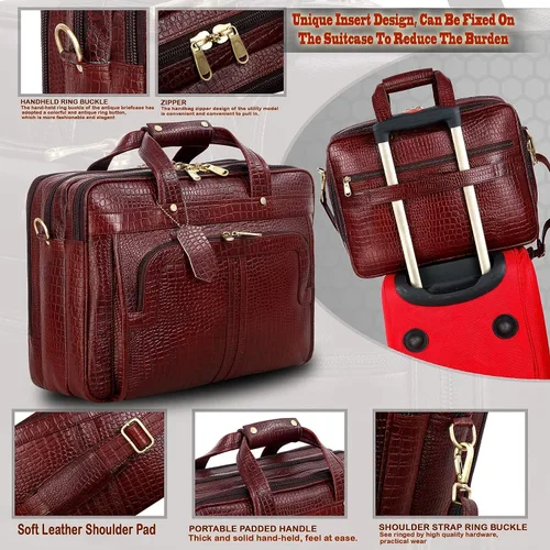 Miniatura 5 de Maletines de cuero de grano completo de 16 pulgadas para computadora portátil, bolsas de hombro para hombres y mujeres, bolsa de trabajo de Marrón