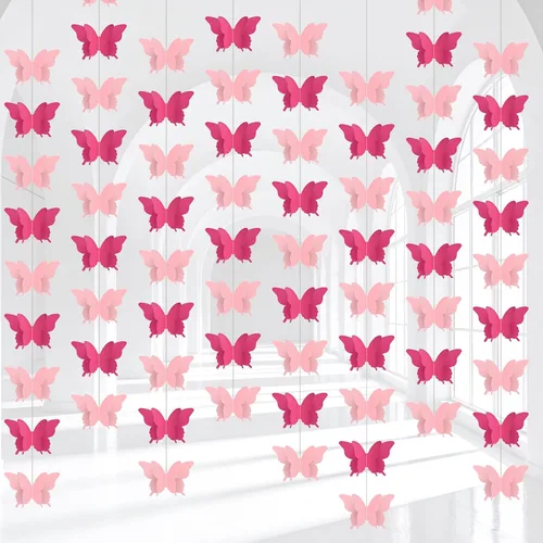 Guirnalda de mariposas 3D de 36 pies, serpentina colgante de papel degradado rosa para bodas, fiestas de cumpleaños, baby shower, decoración de