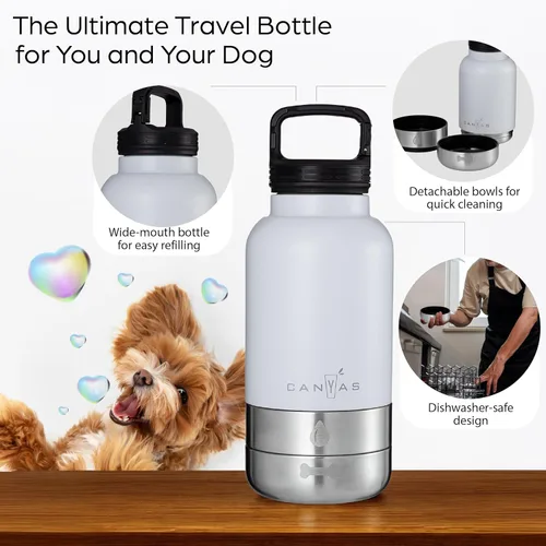 Miniatura 4 de Botella de agua para perros aislada de 32 onzas líquidas de acero inoxidable con tazones para comida y agua, dispensador de viaje para mascotas a