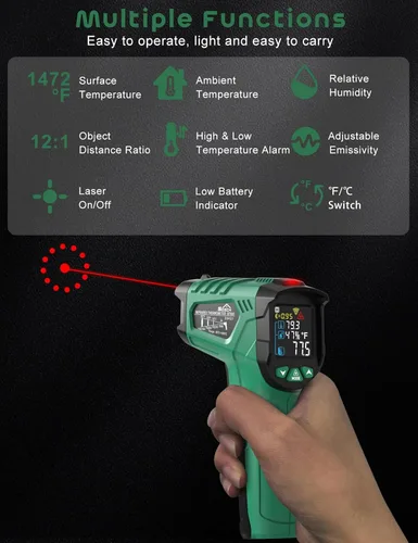 Miniatura 2 de Pistola termómetro infrarroja, pistola de termómetro láser SQECH -58℉~1472℉(-58.0 °F~1,472.0 °F), pistola de temperatura con temperatura ambiente