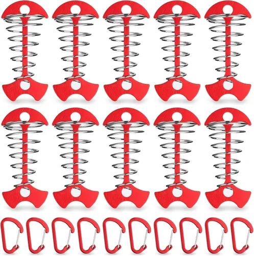 TOBWOLF 10 clavijas de anclaje de cubierta rojas con mosquetones, estacas de aluminio resistentes al viento para tienda de campaña, anclajes de