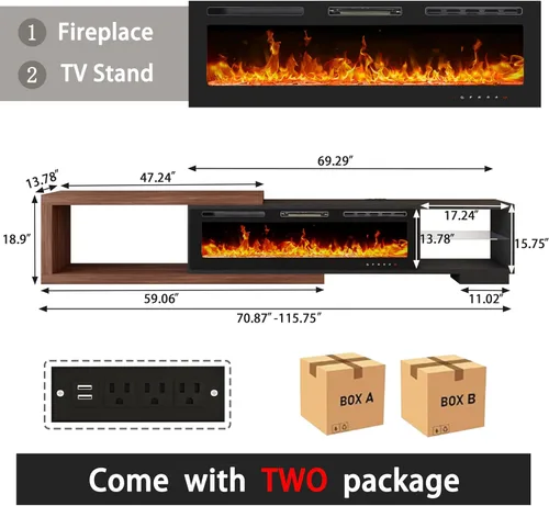 Miniatura 7 de Soporte de TV extensible con chimenea eléctrica de 71 a 116 pulgadas, moderno centro de entretenimiento con luces LED y toma de corriente para TV