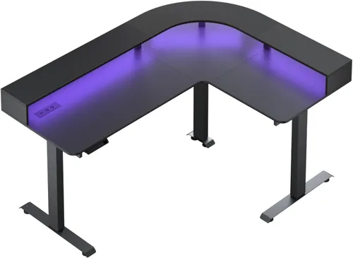 Miniatura 8 de CubiCubi Escritorio de pie con triple motor de 63 pulgadas en forma de L con tira LED y tomas de corriente, escritorio de esquina ajustable