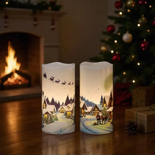 Miniatura 6 de GenSwin Velas de Navidad sin llama con temporizador remoto, juego de 2 velas LED de Navidad que funcionan con pilas con casa de nieve, Papá Noel