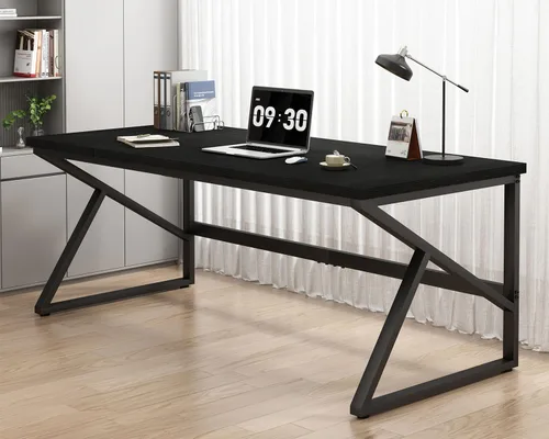 Miniatura 5 de HSH Escritorio Largo de 70 Pulgadas Negro, Escritorio Grande de Metal y Madera para 2 Monitores, Escritorio Moderno para Computadora de Oficina