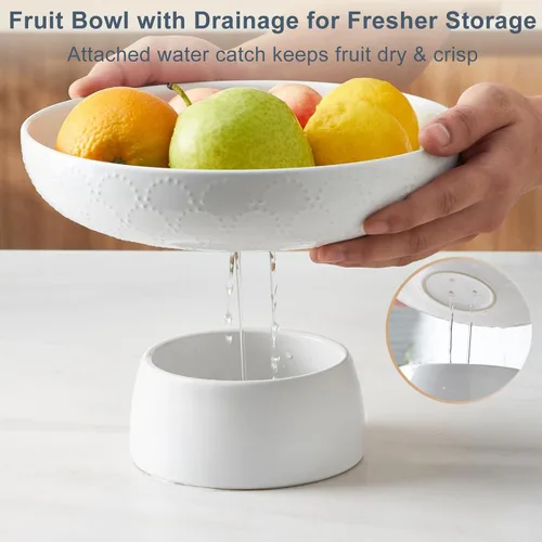 Miniatura 3 de ONEMORE Frutero de cerámica de 10 pulgadas, tazón grande de pedestal blanco con diseño de patas extraíbles y agujeros de drenaje para encimera