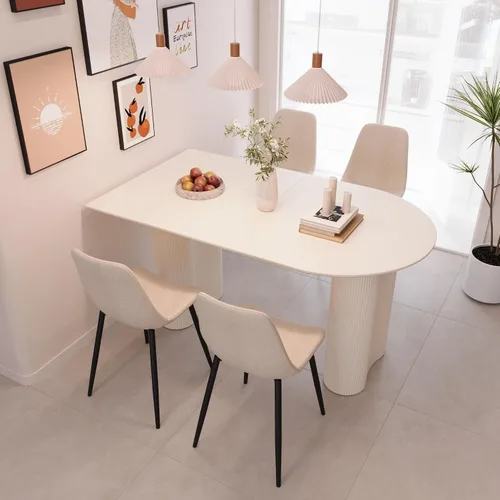 Moderno juego de mesa de comedor color crema para 4, juego de mesa de comedor y sillas de 5 piezas, mesa de comedor ovalada blanca de 63 pulgadas