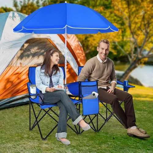 Miniatura 2 de Tangkula Sillas de campamento dobles con paraguas, silla de campamento plegable portátil de 2 asientos con bolsa enfriadora, soporte para bebidas
