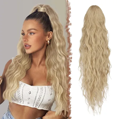 Miniatura 25 de FESHFEN Extensiones de cola de caballo – 26 pulgadas cordón largo rizado ondulado clip en colas de caballo pelo sintético extensiones de cola