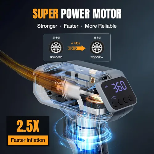 Miniatura 2 de WORKPROX Compresor de aire portátil para inflador de neumáticos, bomba de neumáticos inalámbrica de 150 PSI con medidor de presión digital, inflado