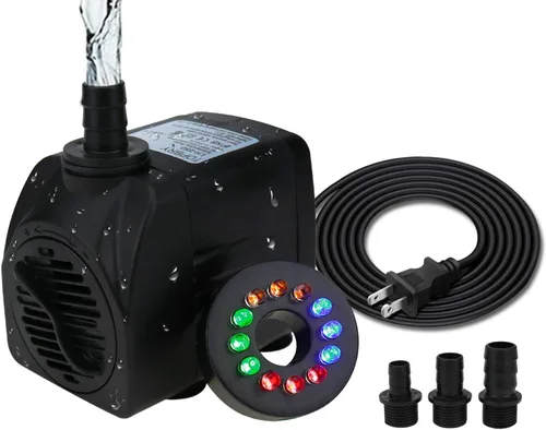Miniatura 9 de Bomba de agua sumergible de 220 GPH (800L/H, 15W), ultra silenciosa, 12 luces LED coloridas con 2 boquillas, cable de alimentación de 6 pies